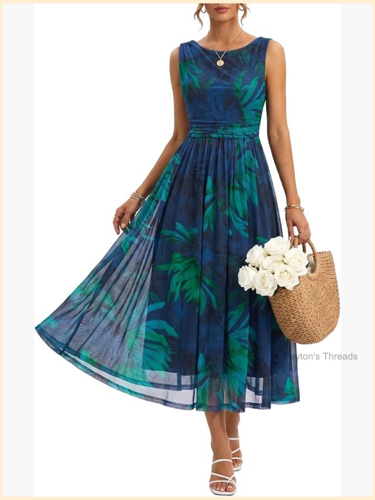 Women Summer Floral Maxi Dress Sleeveless Mesh Ruched Waist Boho Beach